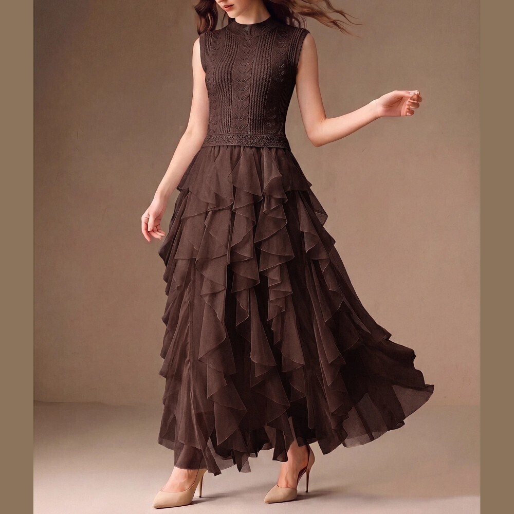 Brown Pointelle Knit Bodice Tiered Ruffle Chiffon Maxi Dress